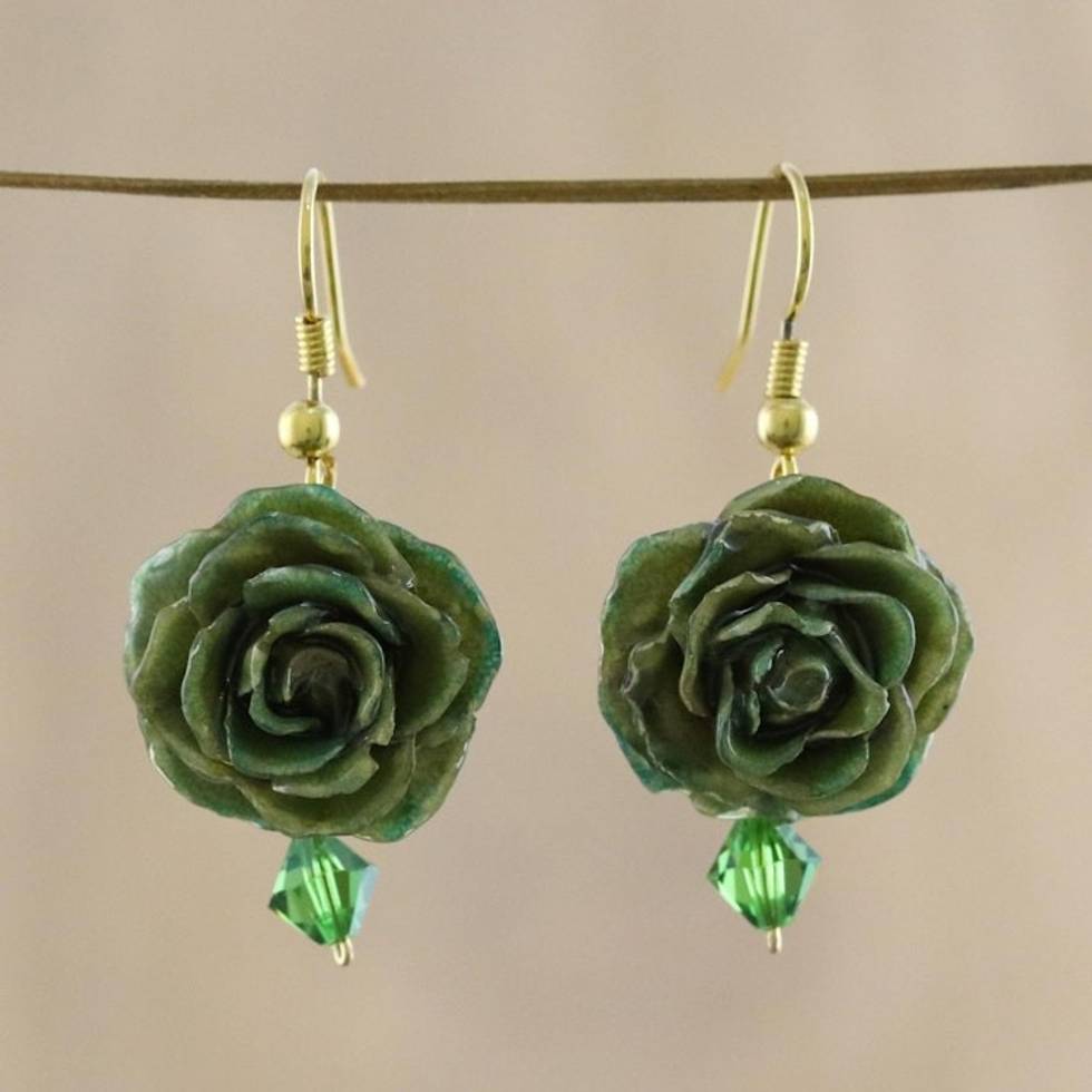 Natural rose flower earrings 'Timeless Green'