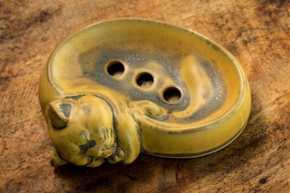 Ceramic Soap Dish Artisan Crafted in Thailand 'Yellow Napping Kitt'