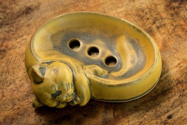 Alternate image for Ceramic Soap Dish Artisan Crafted in Thailand Yellow Napping Kitt