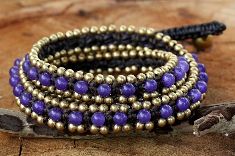 Hand Knotted Thai Purple Quartz Bracelet with Brass Beads 'Violet Happiness'