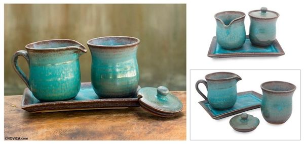 Alternate image for Turquoise Cream and Sugar Ceramic Serveware Set Nostalgic Siam