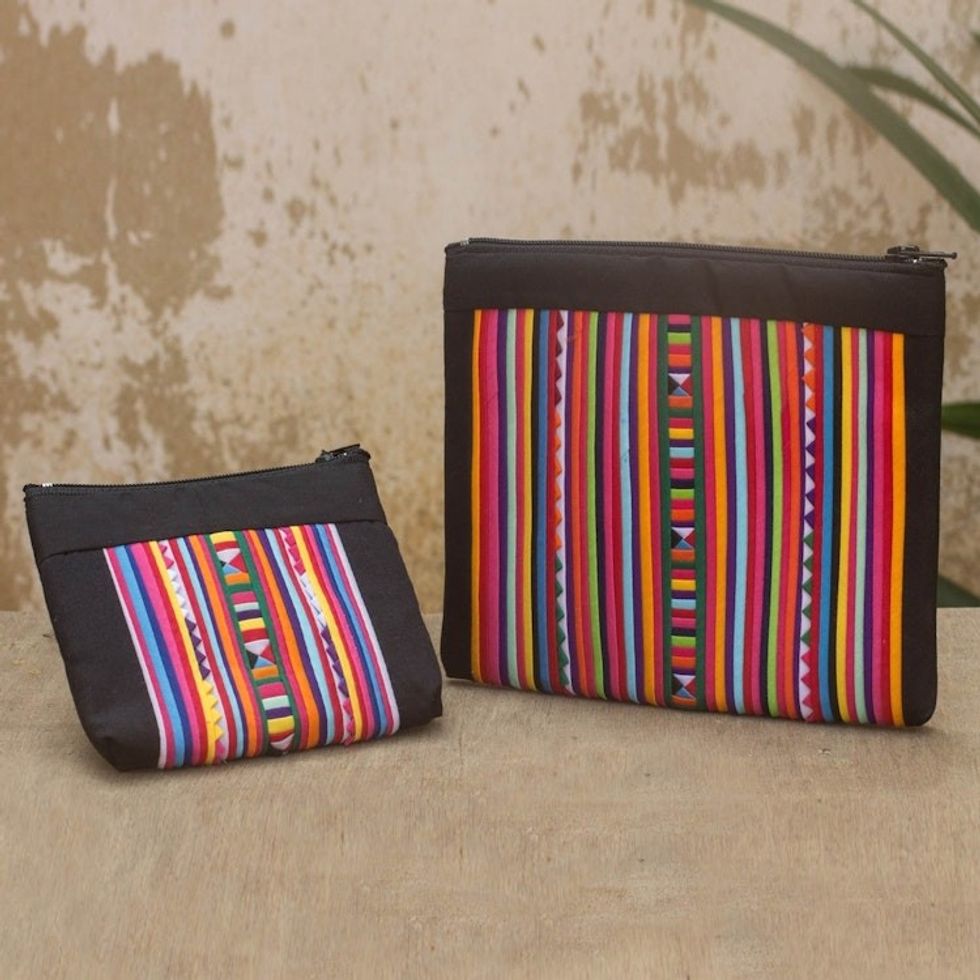 Cotton Blend Travel Bags with Hill Tribe Applique pair 'Lisu Rainbow'