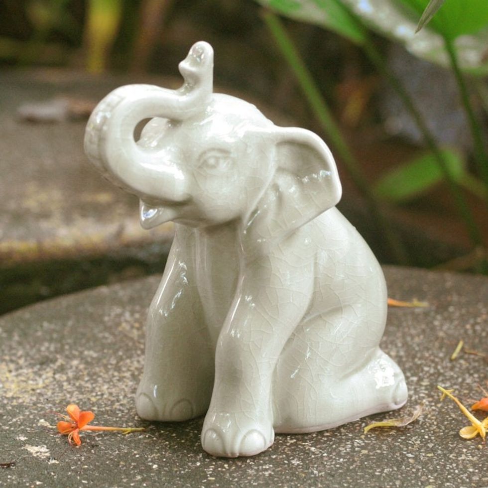 Celadon Ceramic Figurine 'Green Elephant Welcome'