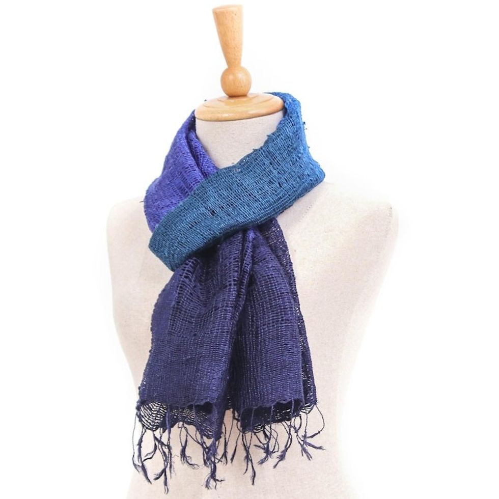 Blue and Purple Tie Dye Thai Silk Scarf 'Blues Evolution'