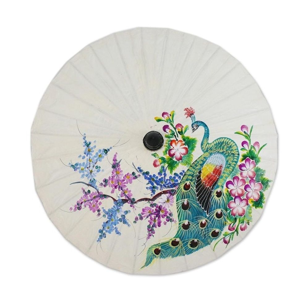 Floral Paper Parasol from Thailand 'Peacock and Flowers'