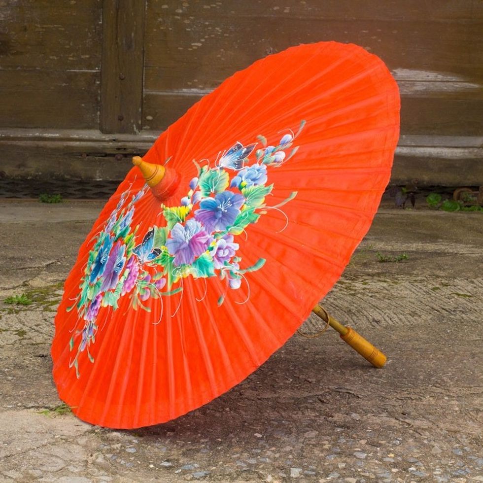 Hand Painted Saa Paper Parasol from Thailand 'Tangerine Garden'