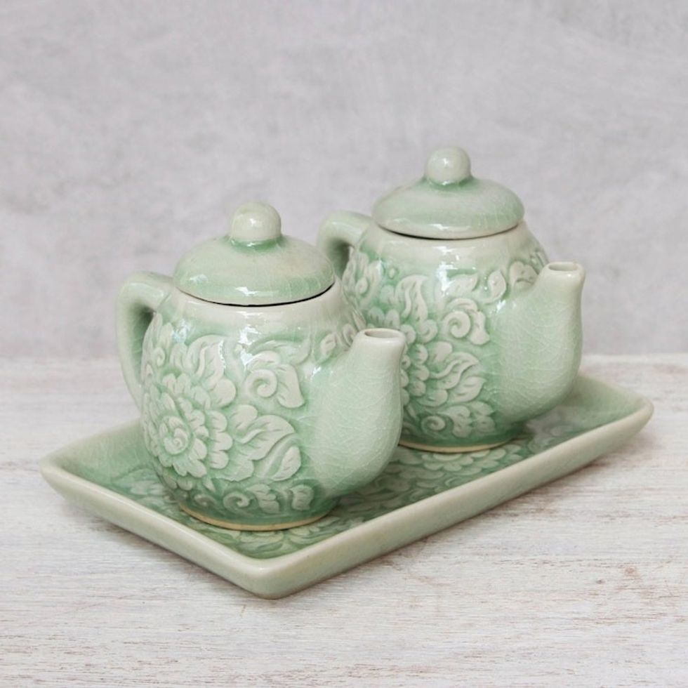 Thai Celadon Ceramic Cruet Set Pair 'Inseparable'