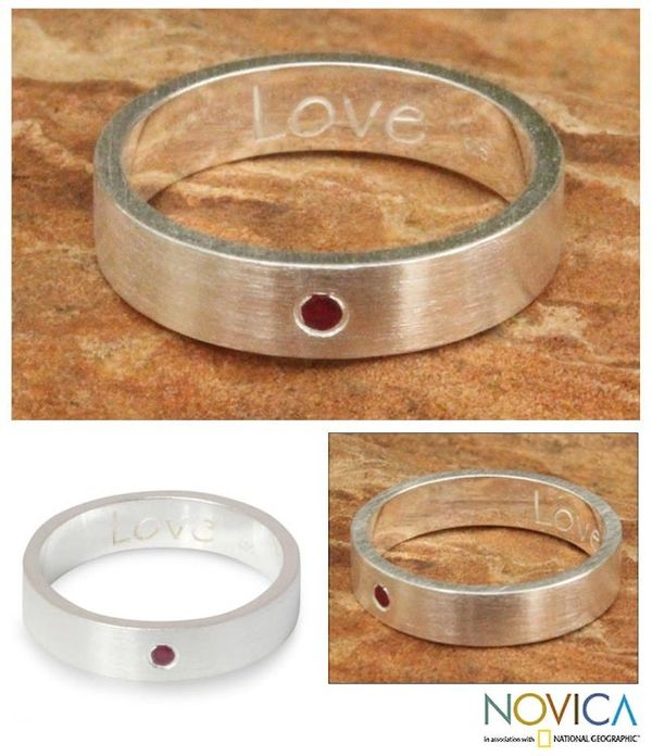 Alternate image for Sterling Silver and Garnet Band Ring Impressed by Love