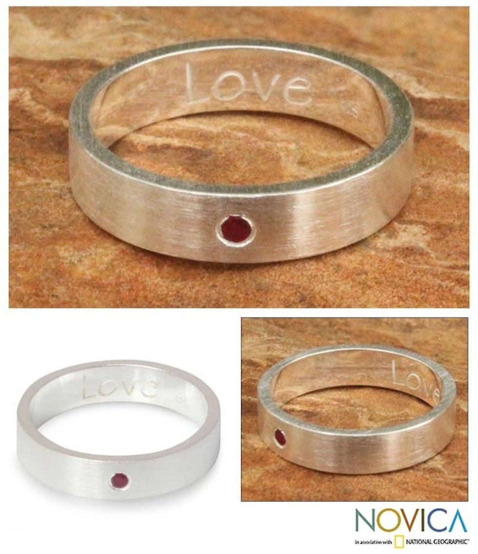 Sterling Silver and Garnet Band Ring 'Impressed by Love'