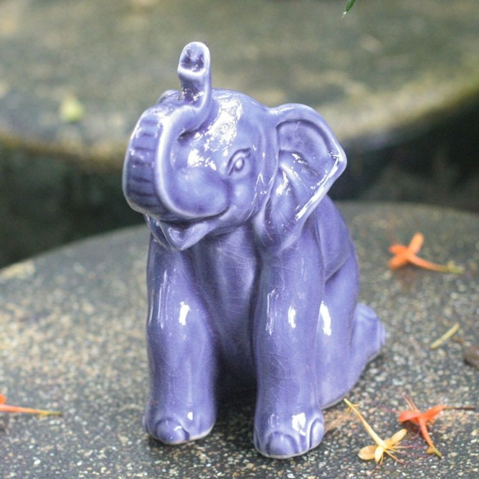 Artisan Crafted Celadon Ceramic Sculpture 'Blue Elephant Welcome'