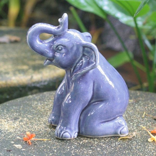 Alternate image for Artisan Crafted Celadon Ceramic Sculpture Blue Elephant Welcome