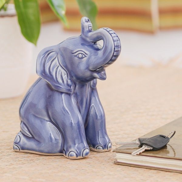 Alternate image for Artisan Crafted Celadon Ceramic Sculpture Blue Elephant Welcome