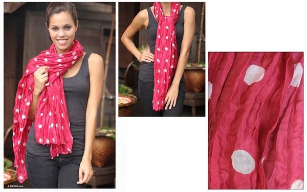 Alternate image for Hand Crafted Batik Patterned Scarf Pink Polka Retro