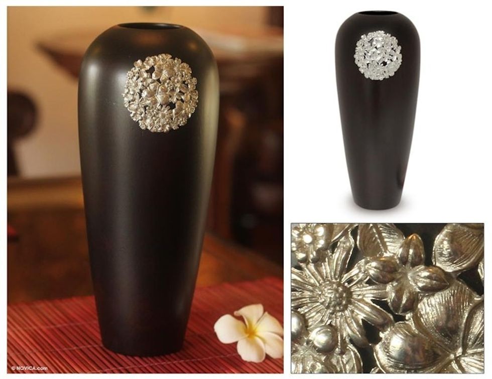 Mango wood and pewter vase 'Floral Moon'