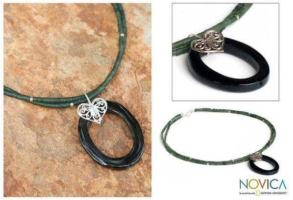Alternate image for Handcrafted Onyx Pendant Necklace Happy Heart