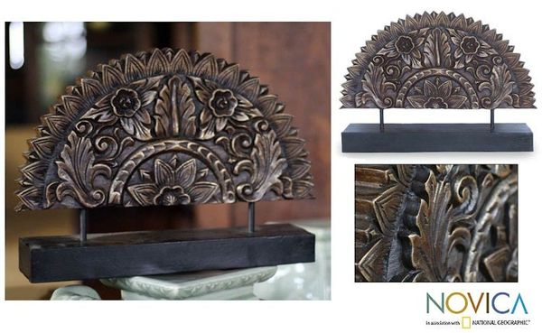 Alternate image for Original Wood Sculpture Hand Carved in Thailand Sunflower Fan