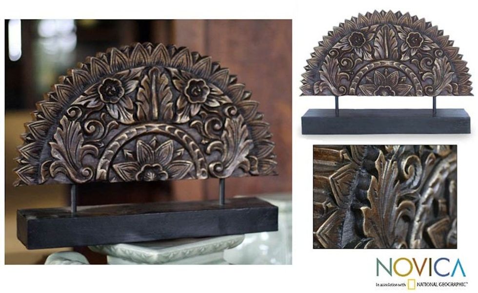 Original Wood Sculpture Hand Carved in Thailand 'Sunflower Fan'