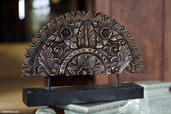 Alternate image for Original Wood Sculpture Hand Carved in Thailand Sunflower Fan