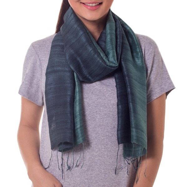 Alternate image for Handmade Silk Scarf from Thailand Bold Teal