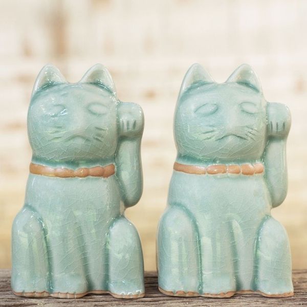 Alternate image for Celadon Ceramic Sculptures Pair Lucky Cats