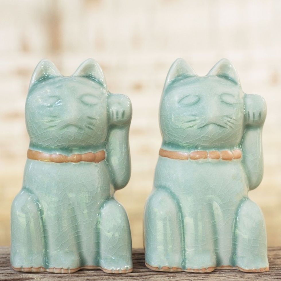 Celadon Ceramic Sculptures Pair 'Lucky Cats'