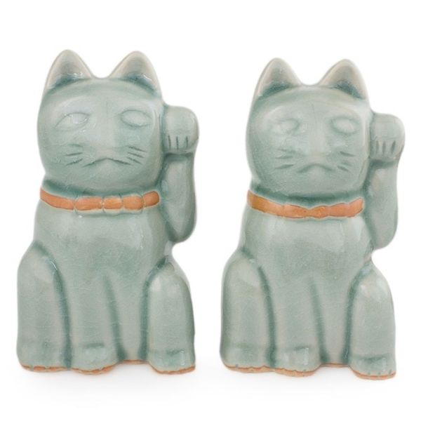 Alternate image for Celadon Ceramic Sculptures Pair Lucky Cats