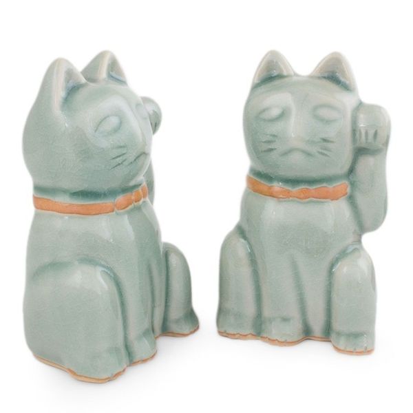 Alternate image for Celadon Ceramic Sculptures Pair Lucky Cats