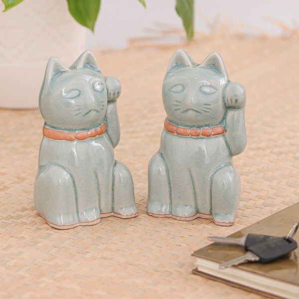 Alternate image for Celadon Ceramic Sculptures Pair Lucky Cats