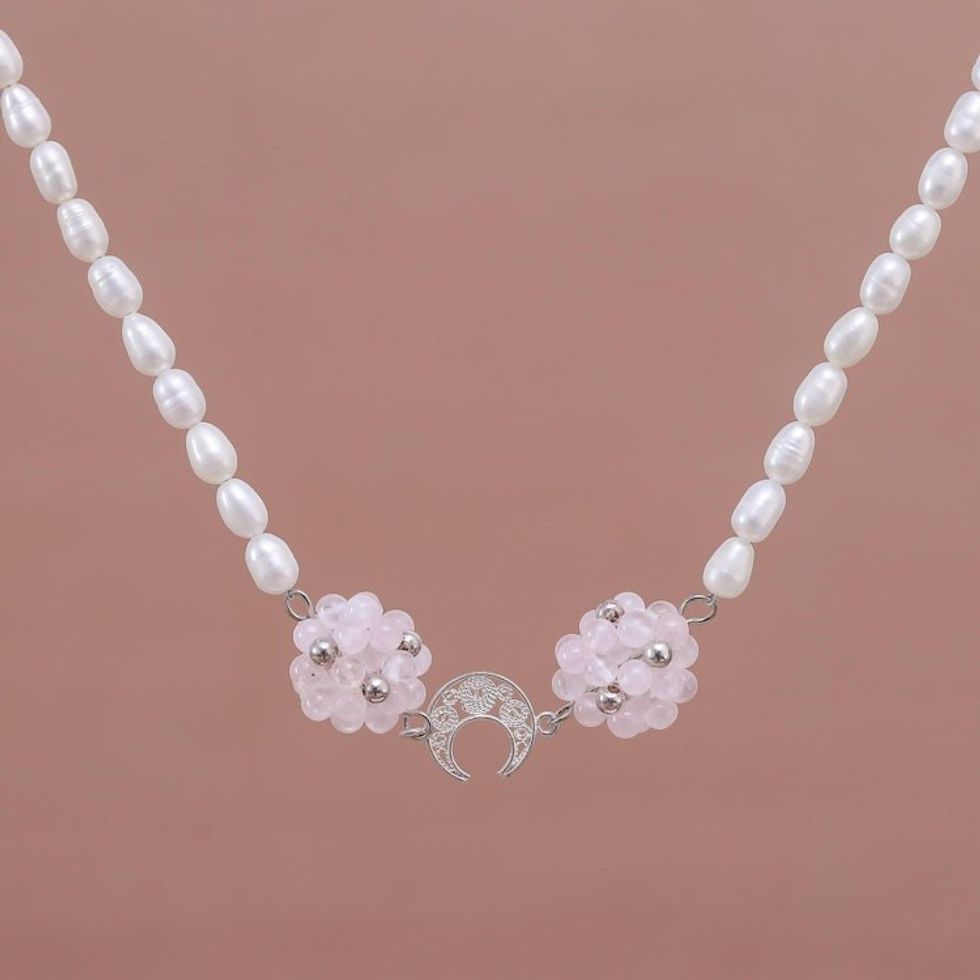Sterling Silver and Rose Quartz Choker 'Filigree Moon'