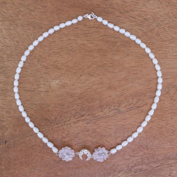 Alternate image for Sterling Silver and Rose Quartz Choker Filigree Moon