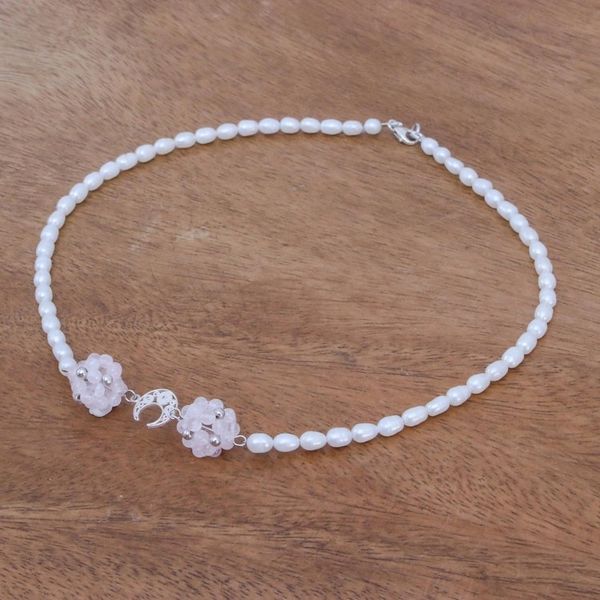 Alternate image for Sterling Silver and Rose Quartz Choker Filigree Moon