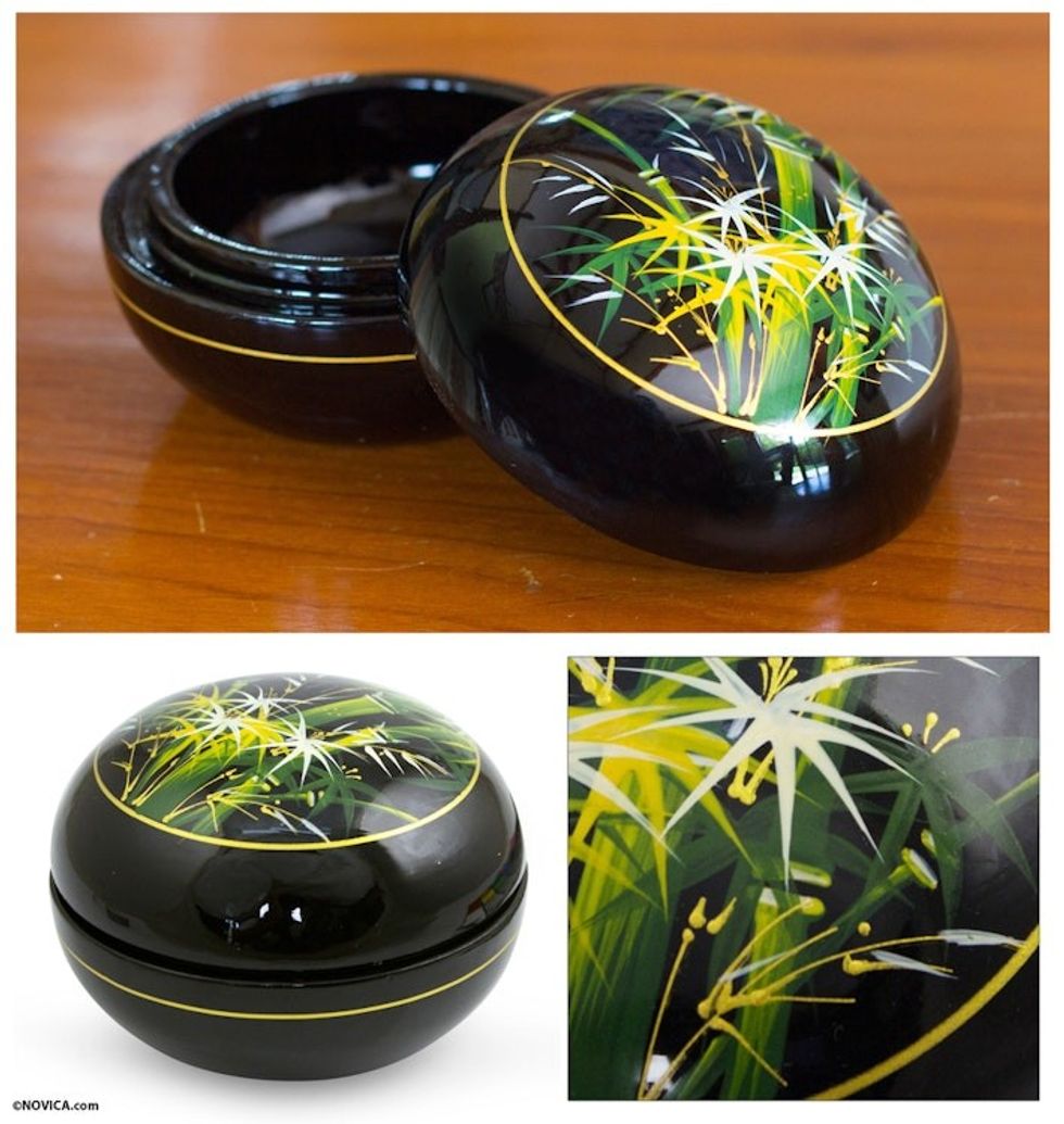 Thai Lacquered Wood Round Decorative Box Handpainted Bamboo 'Whispering Bamboo'