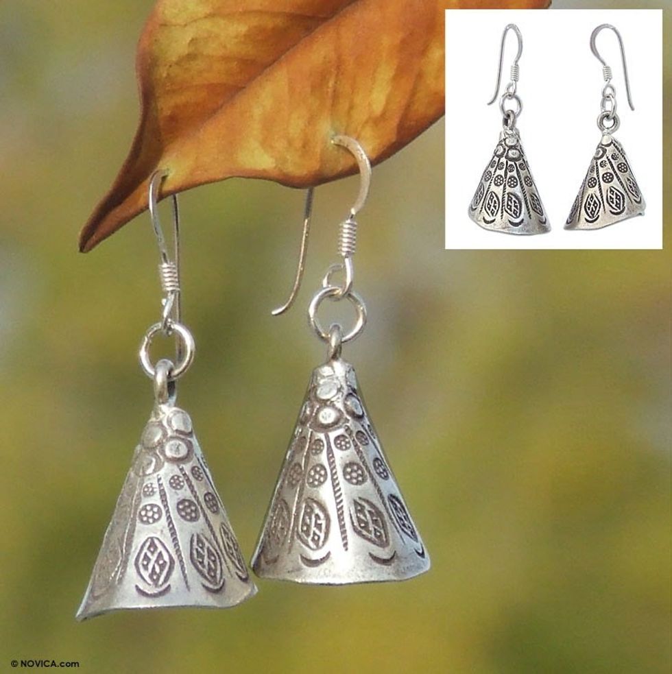 Handmade Hill Tribe 950 Silver Dangle Earrings 'Hill Tribe Bell'