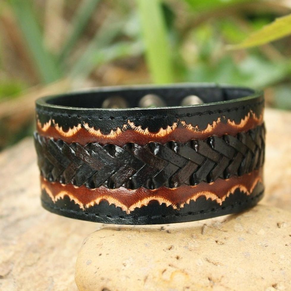 Men's Handcrafted Leather Wristband Bracelet 'Thai Flame'