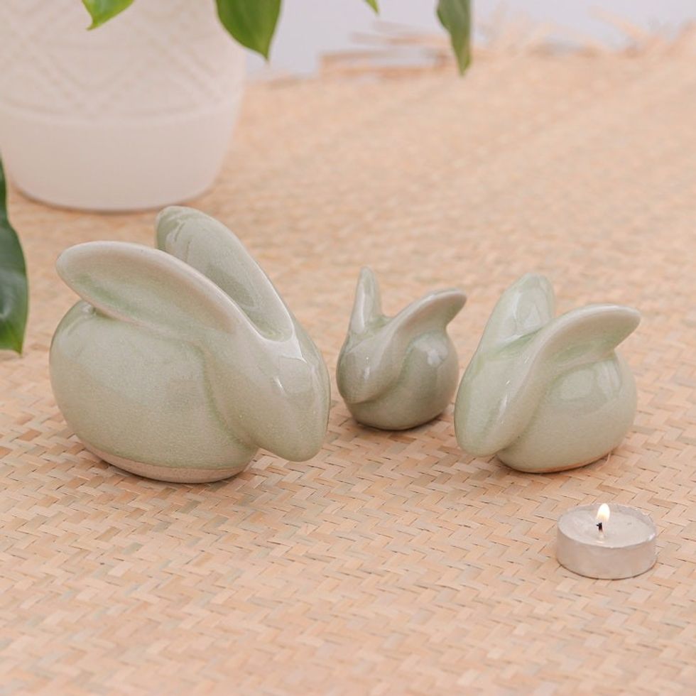 Hand Crafted Celadon Ceramic Sculptures Set of 3 'Chiang Mai Rabbits'