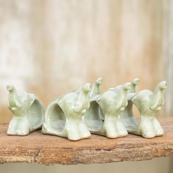 Alternate image for Hand Made Celadon Ceramic Napkin Rings Set of 6 Elephant Hello