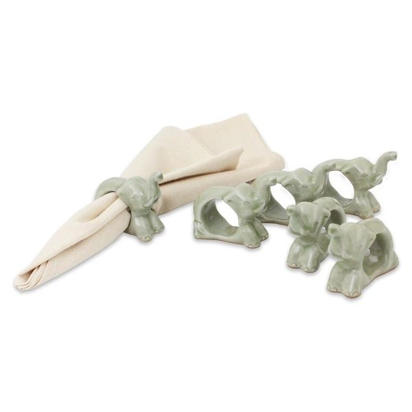Alternate image for Hand Made Celadon Ceramic Napkin Rings Set of 6 Elephant Hello