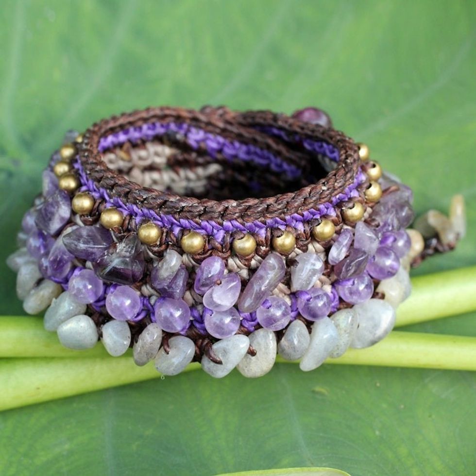 Thai Artisan Crafted Crocheted Amethyst Labradorite Bracelet 'Orchid Bower'
