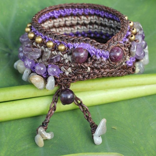 Alternate image for Thai Artisan Crafted Crocheted Amethyst Labradorite Bracelet Orchid Bower