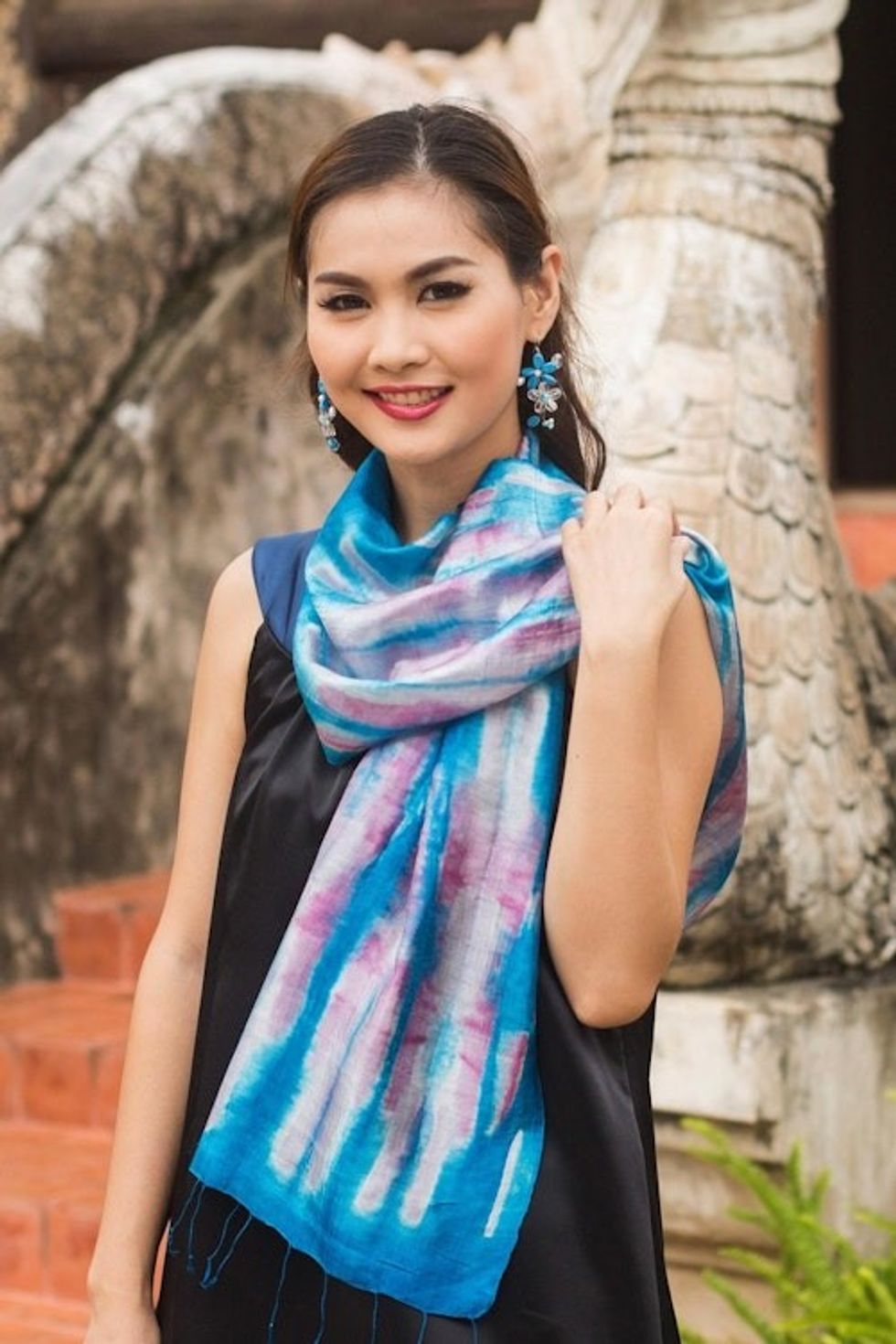 Blue and Pink Tie Dye Silk Scarf 'Azure Thai Rive'