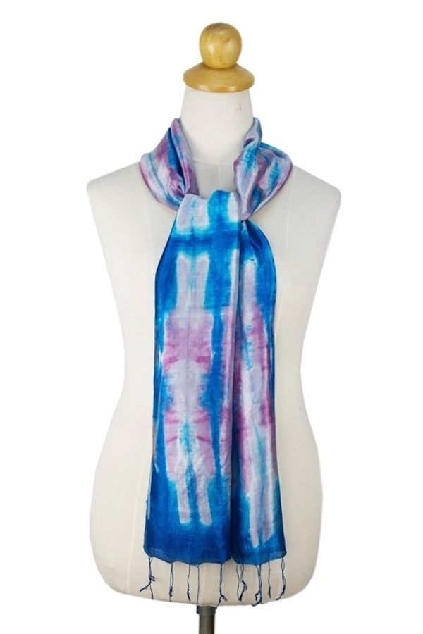 Alternate image for Blue and Pink Tie Dye Silk Scarf Azure Thai Rive