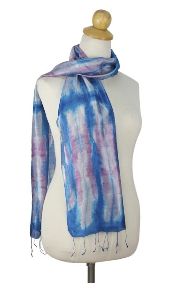 Alternate image for Blue and Pink Tie Dye Silk Scarf Azure Thai Rive
