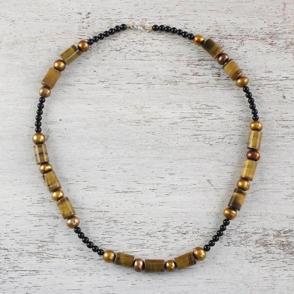 Beaded Onyx and Tiger's Eye Necklace 'Honey Bamboo'