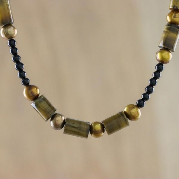 Alternate image for Beaded Onyx and Tigers Eye Necklace Honey Bamboo