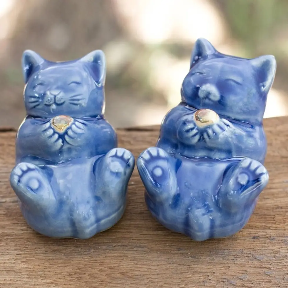 Hand Made Celadon Ceramic Cat Figurines Pair 'Happy Kitties'