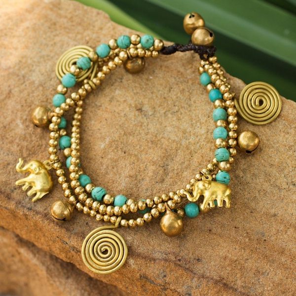 Alternate image for Hand Crafted Brass Charm Bracelet from Thailand Blue Siam Elephants