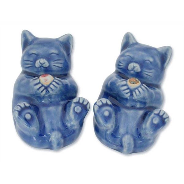 Alternate image for Hand Made Celadon Ceramic Cat Figurines Pair Happy Kitties
