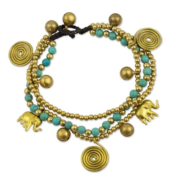 Alternate image for Hand Crafted Brass Charm Bracelet from Thailand Blue Siam Elephants