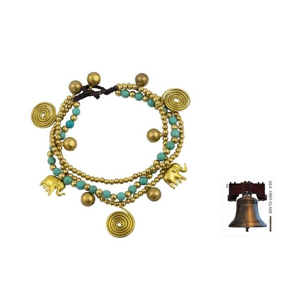 Alternate image for Hand Crafted Brass Charm Bracelet from Thailand Blue Siam Elephants