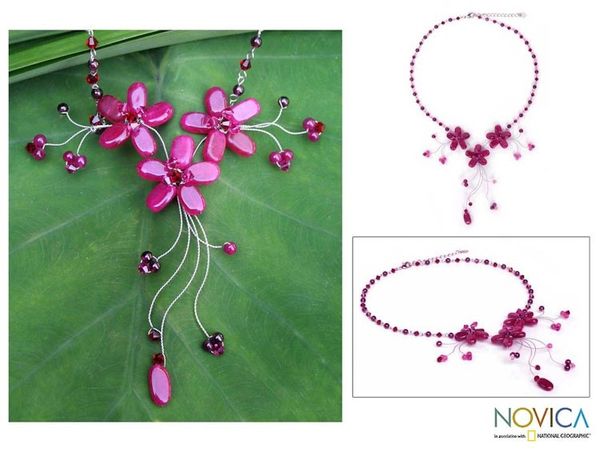 Alternate image for Fair Trade Beaded Quartz Necklace Red Rosebud Burst